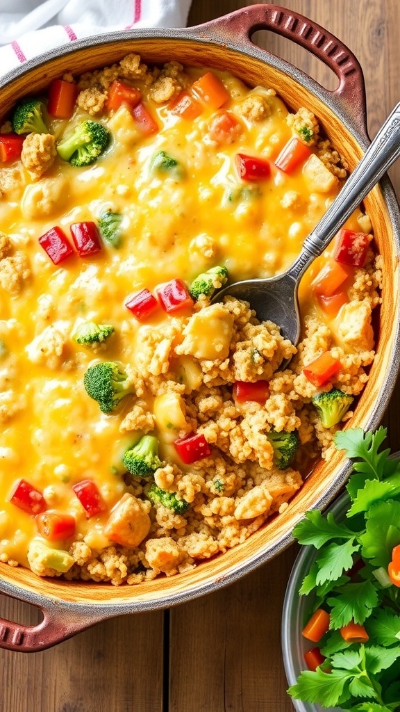 Cheesy chicken quinoa casserole with broccoli and bell peppers in a baking dish, garnished with melted cheese.